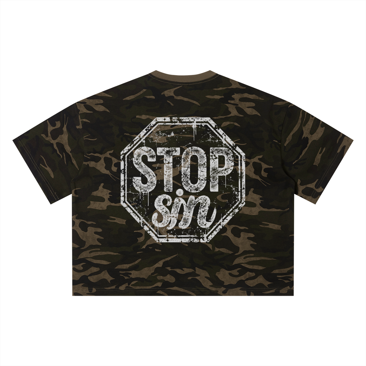 Pray for Change/Stop sin Unisex Camo Boxy T-Shirt