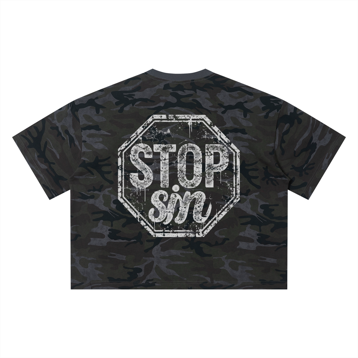 Pray for Change/Stop sin Unisex Camo Boxy T-Shirt